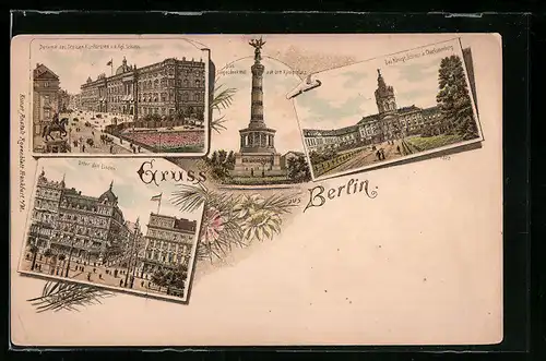 Lithographie Berlin, Unter den Linden, Siegessäule u. Schloss in Charlottenburg