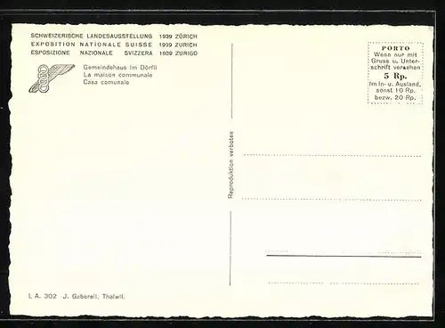 AK Zürich, Schweizerische Landesausstellung 1939, Gemeindehaus im Dörfli