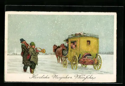 Künstler-AK Jäger stimmen ein Ständchen an, Postkutsche, Neujahrsgruss