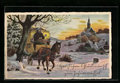 Künstler-AK Postkutsche im Winter, Neujahrsgruss