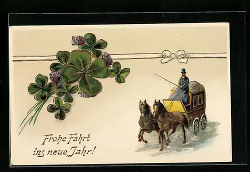 Künstler-AK Neujahrsgruss, Postkutsche und Kleeblätter