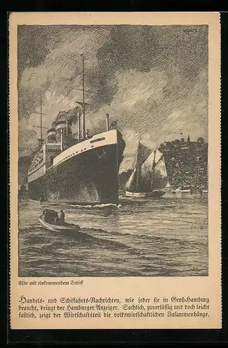 AK Hamburg, Elbe mit einfahrendem Schiff