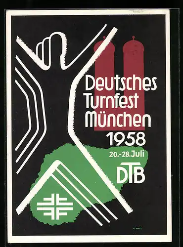 AK München, Deutsches Turnfest 1958, Turner mit Grätsche und ausgebreiteten Armen