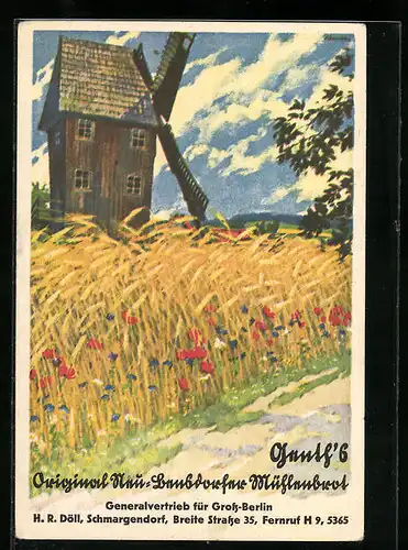 Künstler-AK Reklame für Original Mühlenbrot, Windmühle mit Weizenfeld