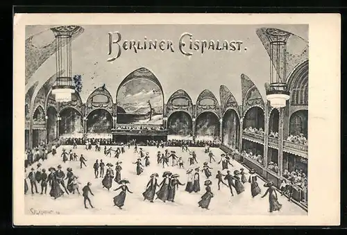 Künstler-AK Berlin, Berliner Eispalast mit Schlittschuhläufern