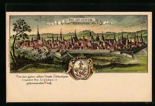 Künstler-AK Hildesheim, Ortsansicht Anno 1729, Wappen