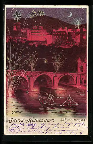 Lithographie Heidelberg, Schloss bei nächtlichem Feuerwerk, beleuchtete Fenster