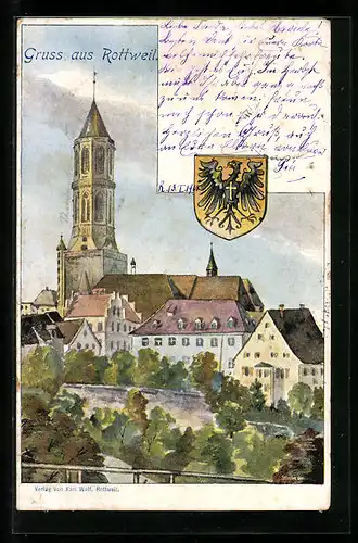 Künstler-AK Rottweil, Ortspartie mit Kirche, Wappen