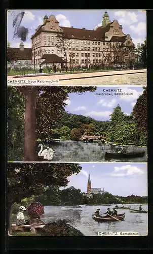 AK Chemnitz, Partie an der neuen Reformschule, Inselbrücke mit Schlossteich