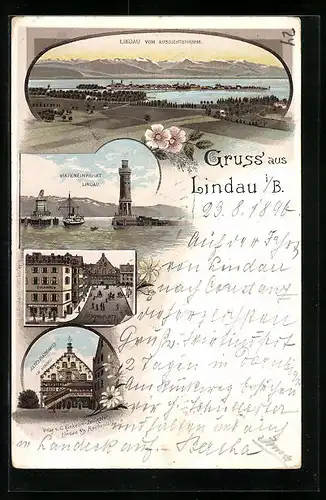 Lithographie Lindau i. B., Altes Rathaus, Reichsplatz, Hafen, Gesamtansicht