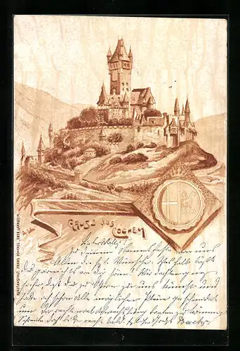 Künstler-AK Cochem, Das Schloss, Wappenbild