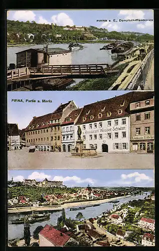 AK Pirna, Dampfschifflandeplatz, Markt, Totale mit Elbe