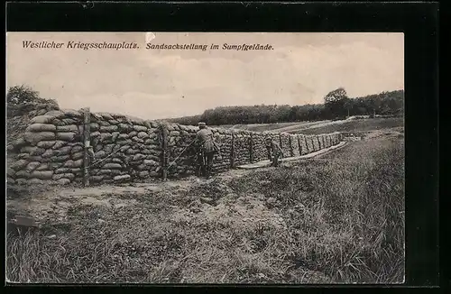 AK Westlicher Kriegsschauplatz, Sandsackstellung im Sumpfgelände