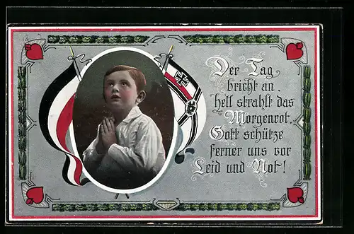 AK Propaganda, Knabe im Gebet, Reichs - & Reichskriegsfahne