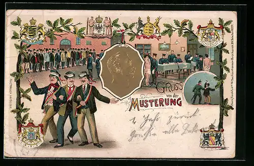 Lithographie Gruss von der Musterung, Männer treten zur Musterung an