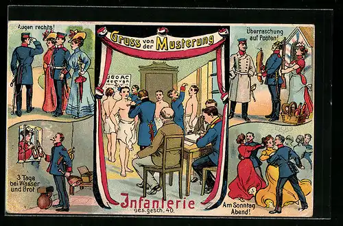 Künstler-AK Gruss von der Musterung, Überraschung auf Posten, 3 Tage bei Wasser und Brot