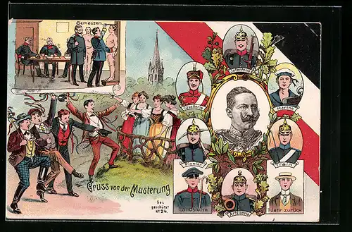 AK Gruss von der Musterung, Kaiser Wilhelm II. im Portrait, Soldaten der Kavallerie, Marien und Artillerie