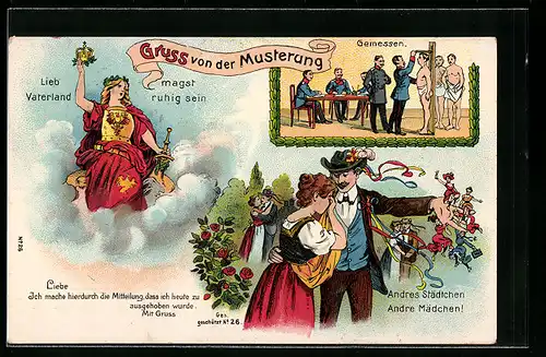 AK Gruss von der Musterung, Paare beim Tanz, Germania mit Krone