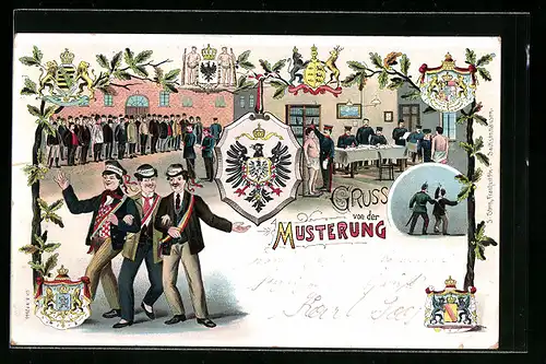 Lithographie Gruss von der Musterung, Männer feiern ihre erfolgreiche Musterung
