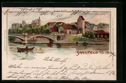 Lithographie Saalfeld a. S., Uferpartie mit Brücke