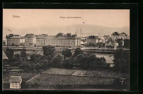 AK Zittau, König-Ludwig-Kaserne aus der Vogelschau