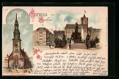 Lithographie Berlin, Luther-Denkmal, Marienkirche, Neuer Markt