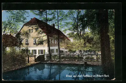 AK Dresden, Fischhaus im Albert-Park, Ansicht mit Teich