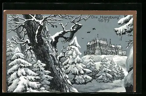 Künstler-AK Bad Harzburg, Die Harzburg 1577 mit Bäumen im Schnee