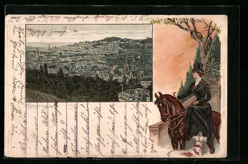 Passepartout-Lithographie Stuttgart, Totalansicht, Frau auf Pferd