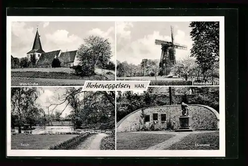 AK Hoheneggelsen /Han., Windmühle, Wehrkirche u. Ehrenmal