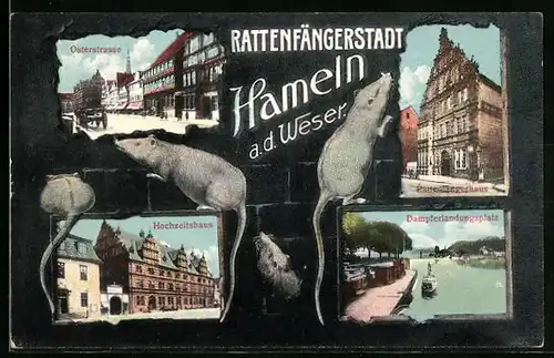 AK Hameln a. d. Weser, Hochzeitshaus, Osterstrasse, Rattenfängerhaus und Dampferlandungsplatz