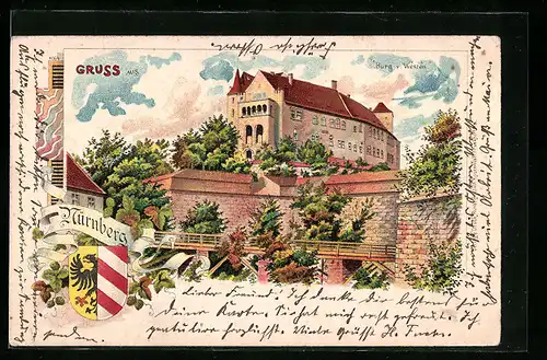 Lithographie Nürnberg, Blick auf die Burg mit Wappen