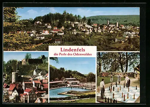 AK Lindenfels /Odenwald, Ortsansicht mit Freibad und grosses Schachbrett