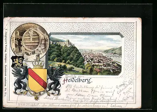 Künstler-AK Heidelberg, Ortsansicht, Heidelberger Fass und Wappen