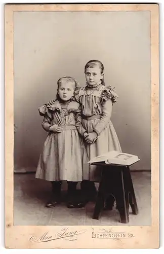 Fotografie Max Jung, Lichtenstein i. S., Schulgasse 175, Schwestern m Sonntagskleid halten Händchen 1898