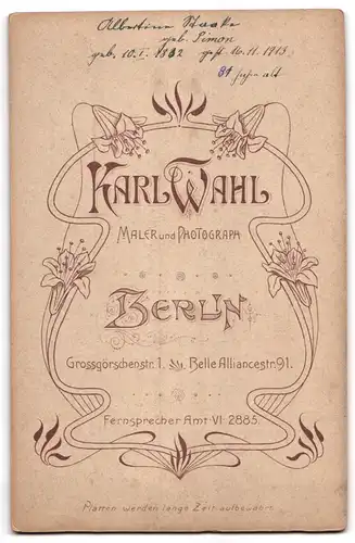 Fotografie Karl Wahl, Berlin, Grossgörschenstr. 1, Albertine 81 Jahre alt im Jahr 1913