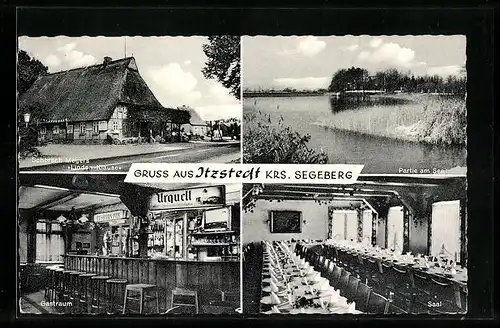 AK Itzstedt, Partie am See, Gasthaus Linden-Klause mit Gastraum und Saal