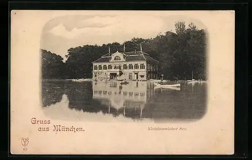 AK München, Gasthaus Kleinhesseloher See, vom Wasser gesehen