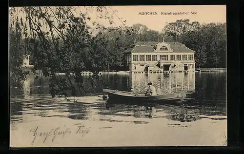 AK München-Schwabing, Kleinhesseloher See mit Boot