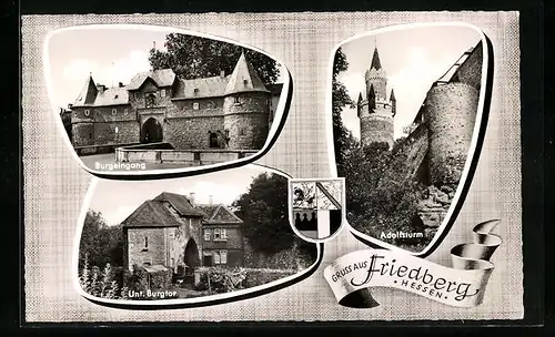 Passepartout-AK Friedberg /Hessen, Burgtor, Burgeingang, Wappen