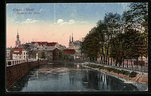 AK Hagen i. W., Volme mit Brücke, Ortspartie