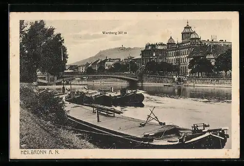 AK Heilbronn a. N., Uferpartie mit Brücke und Wartberg
