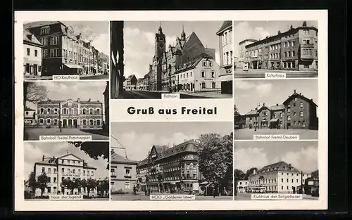 AK Freital, Bahnhof, Rathaus und Gaststätte Goldener Löwe