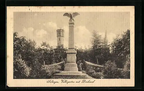 AK Solingen, Volksgarten mit Denkmal