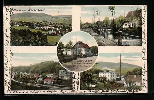 AK Markersdorf, Gasthaus Zum romantischen Tale, Fabrik aus der Vogelschau, Ortsansicht