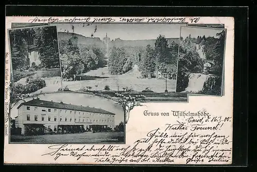 AK Wilhelmshöhe, Hotel Schombart, Wasserfall, Blick auf den Aussichtsturm