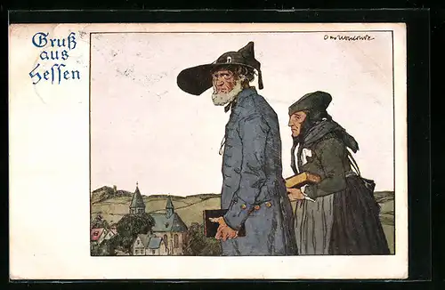 Künstler-AK Otto Ubbelohde: Altes Paar in hessischer Tracht