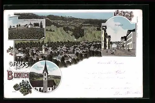 Lithographie Berneck, Strassenblick in die Neugasse, Ruine Rosenburg, Kirche