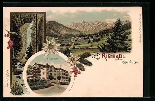 Lithographie Rietbad im Toggenburg, Kuranstalt, Wasserfall, Ortspartie