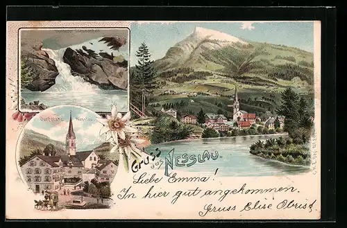 Lithographie Nesslau, Totalansicht, Vorderer Giessenfall, Dorfplatz